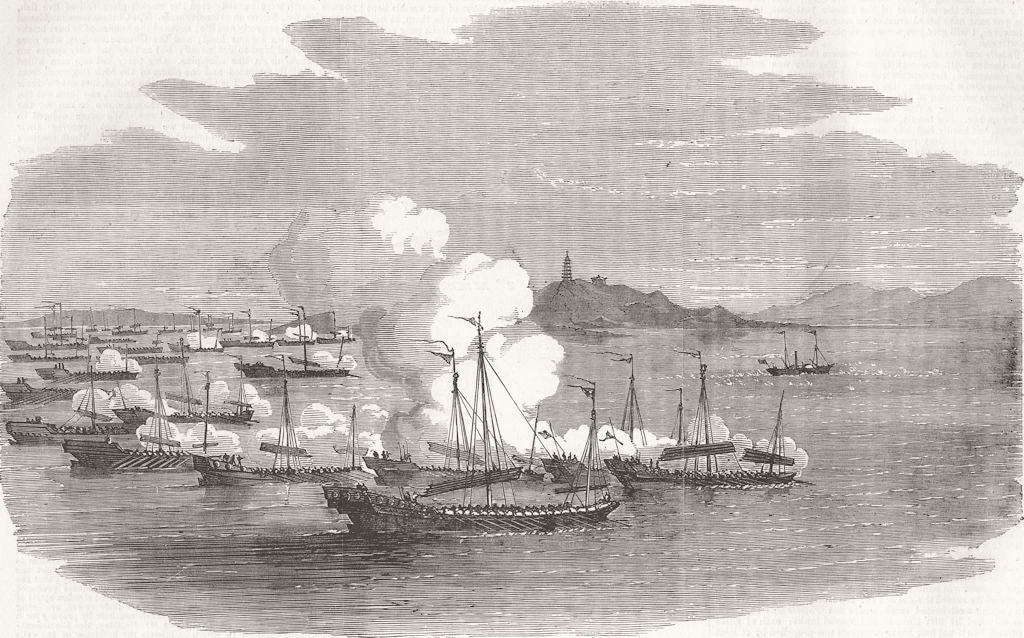CHINA. Imperial junks attacking Fei Ma, Canton River 1857 old antique print